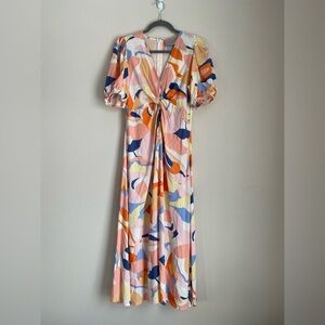 White Closet Elements puff sleeve twist front maxi dress multicolor abstract S